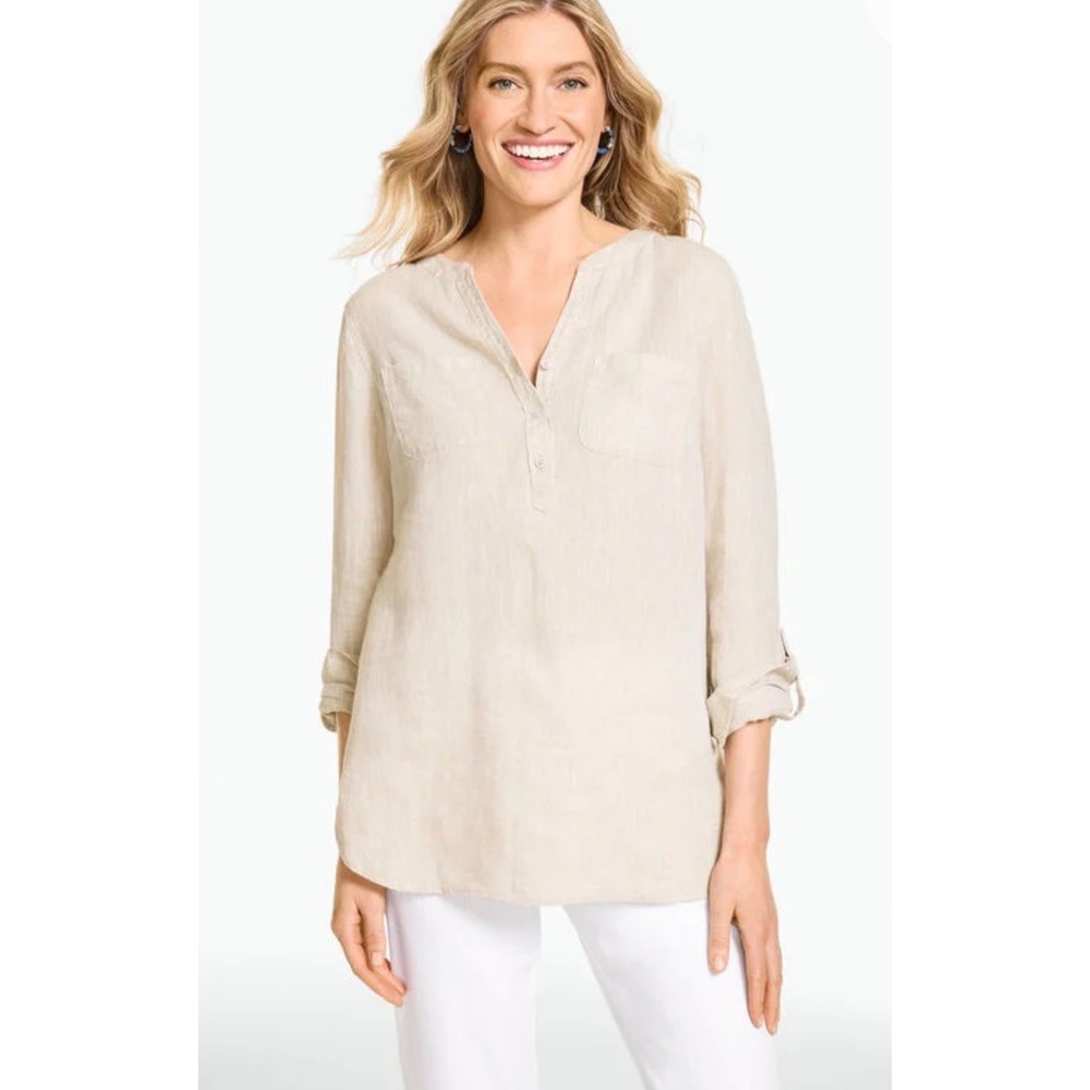 Talbots Womens Linen Popover Tunic Top Beige Small Roll Tab Sleeve Button Detail